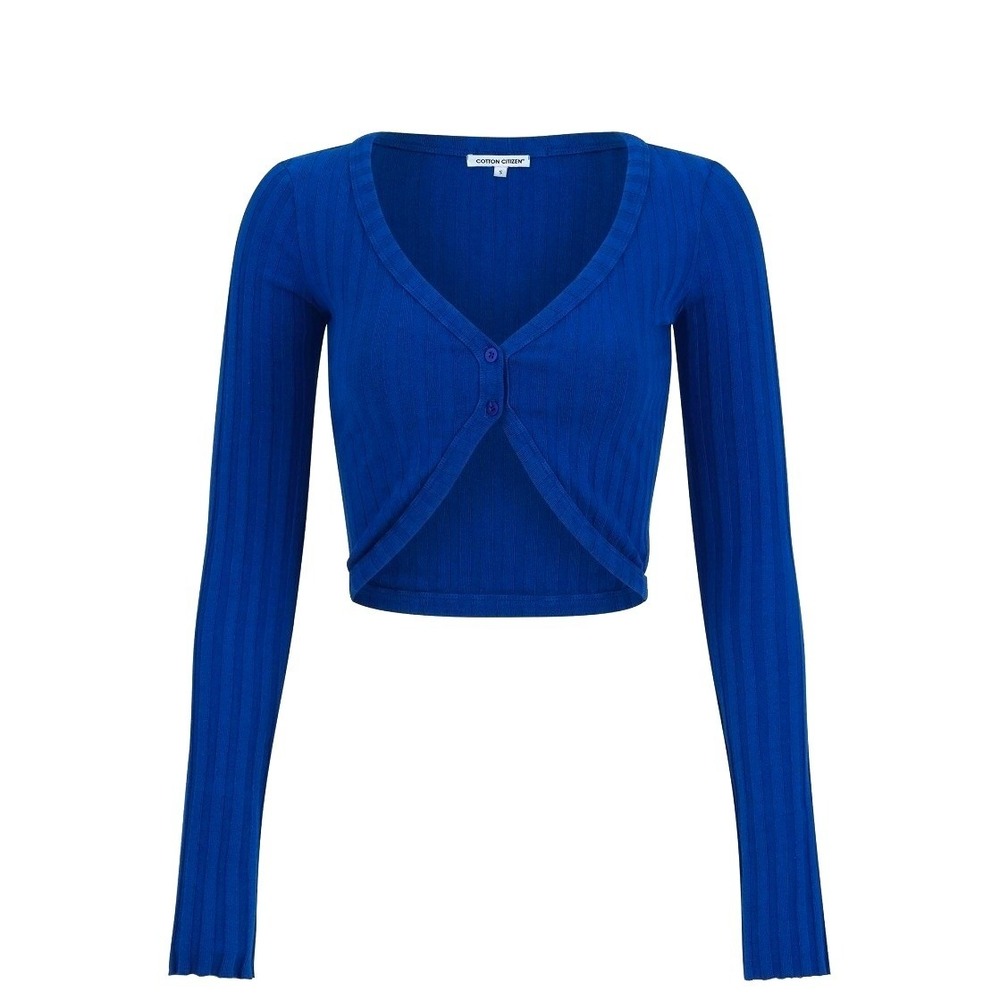Cotton Citizen Womens Small Ribbed Crop Cardigan Royal Blue V-Neck Long Sleeve